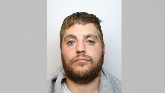 Mugshot of a man with light brown hair and a beard and moustache. He is wearing a grey hoodie and grey top.