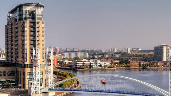 Image shows the Manchester Ship Canal at Salford Quays. A foot bridge crosses the canal. There are high-rise blocks of flats on the left hand side of the image and low-rise accommodation blocks in the distance.