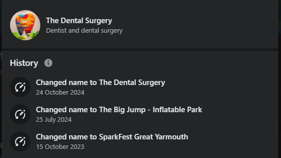 A list of names that The Dental Surgery facebook had previously gone under, including The Big Jump and SparkFest Great Yarmouth.