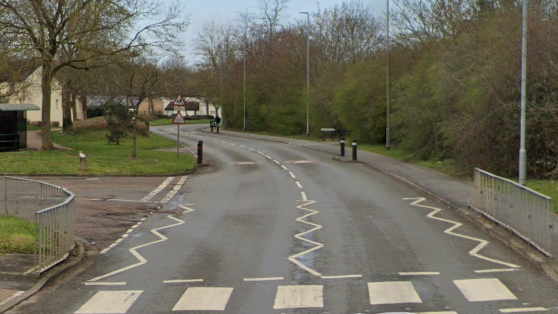 A Google Streetview image of the Paston Ridings street, with a zebra crossing in the foreground and houses in the background.