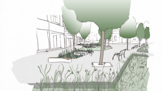 An artists impression of the expanded square outside Withington library, including new trees, planters and seating. 