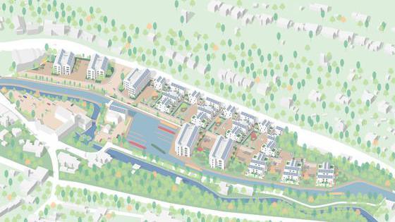 An illustration of what Brimscombe Port could look like. A canal and a basin run side by side in a wooded valley, with housing and units right by the waterside.