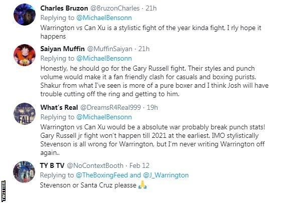 A screengrab of a selection of tweets speculating on Josh Warrington's next opponent - some saying Xu Can, with Gary Russell, Shakur Stevenson and Leo Santa Cruz also mentioned