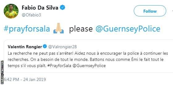 Fabio da Silva's tweet in which he uses the hashtag #prayforSala