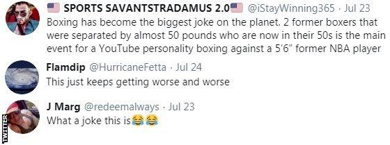 Boxing fans on Twitter react to the news that Jake Paul will fight Nate Robinson on the Mike Tyson v Roy Jones undercard. One fan says that boxing has become a joke