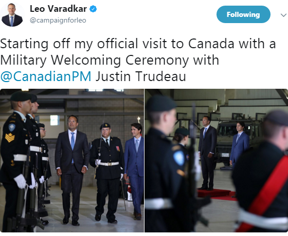 Leo Varadkar tweets, "Starting off my official visit to Canada with a Military welcoming ceremony with Justin Trudeau"