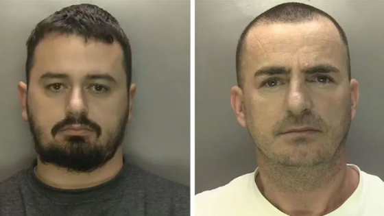 A composite of two mugshots - the man on the left has black hair and black facial hair and is wearing a grey top. The man on the right is bald and is wearing a white shirt.