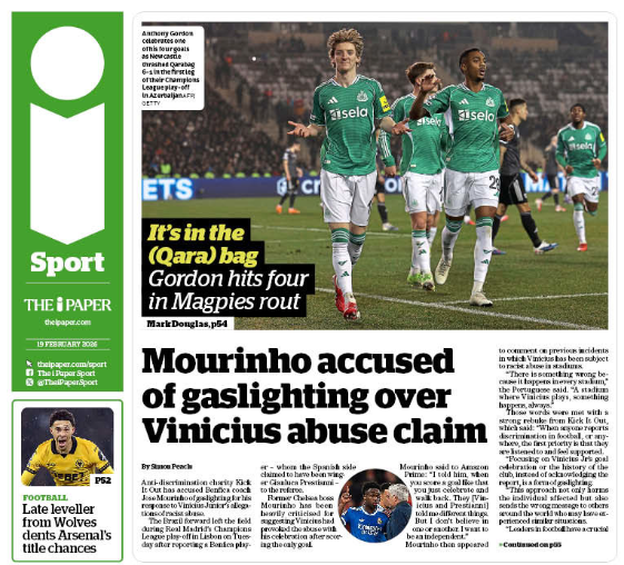 Back page of the i on 19 February 2026