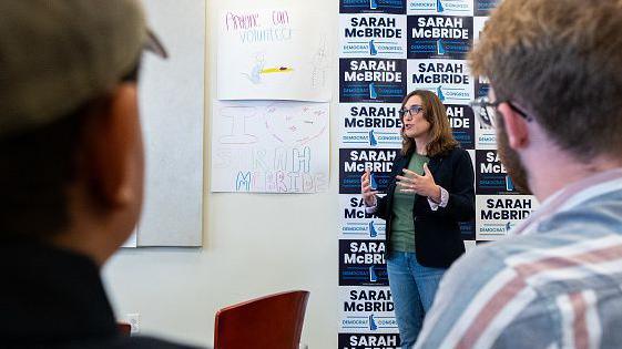 Democrat Sarah McBride speaks at her campaign office in Delaware 