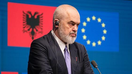 Prime Minister of Albania Edi Rama talks to media at the end of the Third meeting of the Accession Conference with Albania at ministerial level