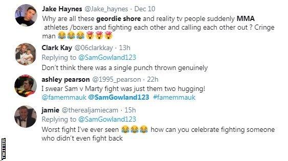 Tweets reacting to Geordie Shore stars doing MMA: one describes it as "cringe", another asks "how can you celebrate fighting someone who didn't even fight back?"