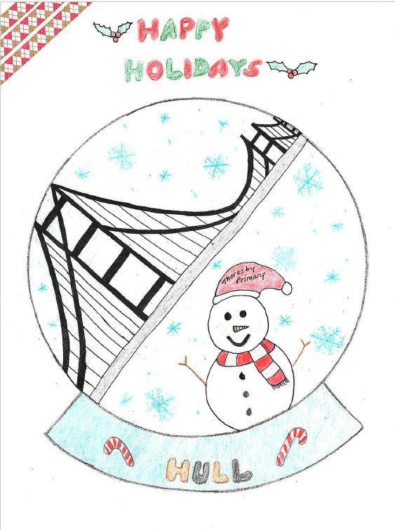 A snow globe design card, featuring a snowman and the Humber Bridge.