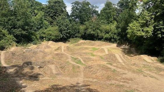 A dirt bike track with mounds and trails. Green trees stand in the background.