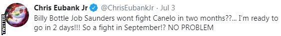 Chris Eubank Jr tweet saying that he would be ready to take on Canelo with just two days notice