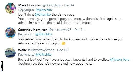 More tweets reacting to Klitschko teasing his comeback: one telling him not to "risk" his legacy and another telling him Fury as "proved how good he is"