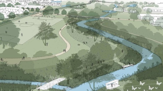 An artist's impression of what some of the playing areas would look like in the development, including a river and a football pitch.