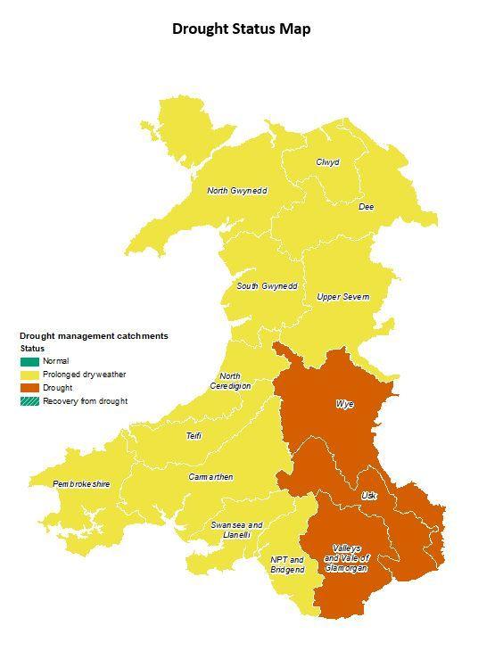 A map of Wales. The majority of the country is coloured yellow, signalling it is under a 'prolonged dry weather' status, apart from the south east of Wales. The south east, including parts of Powys, Monmouthshire, Cardiff and Rhondda Cynon Taf, is coloured orange, which signals drought status. 