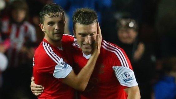 Jay Rodriguez and Rickie Lambert celebrate Southampton's second goal