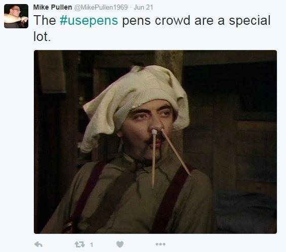 Tweet shows photo of Edmund Blackadder from Blackadder Goes Forth with a towel on his head and pencils in his nostrils. Tweet reads: The hashtag use pens crowd are a special lot,