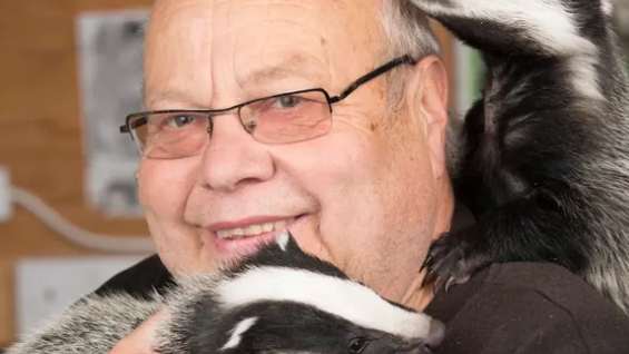 Geoff Grewcock holding three baby badgers