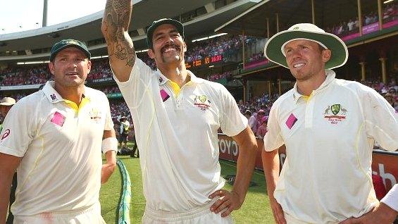 Australia pace trio Ryan Harris (left), Mitchell Johnson and Peter Siddle