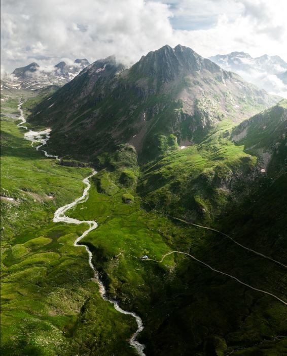 Aerial view of the Schwarzberg mountain and the Maighels river 