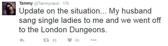 Tweet reads: Update on the situation, my husband sang single ladies to me and we went off to the London Dungeons.