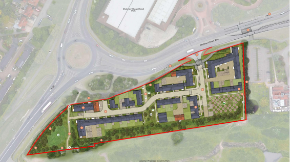 An overhead design plan showing a selected area south of Chelmer Village retail park