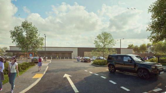 An artist's impression of the proposed Aldi in Ivybridge, Devon. It shows people walking in and out of the shop and an SUV exiting the car park.