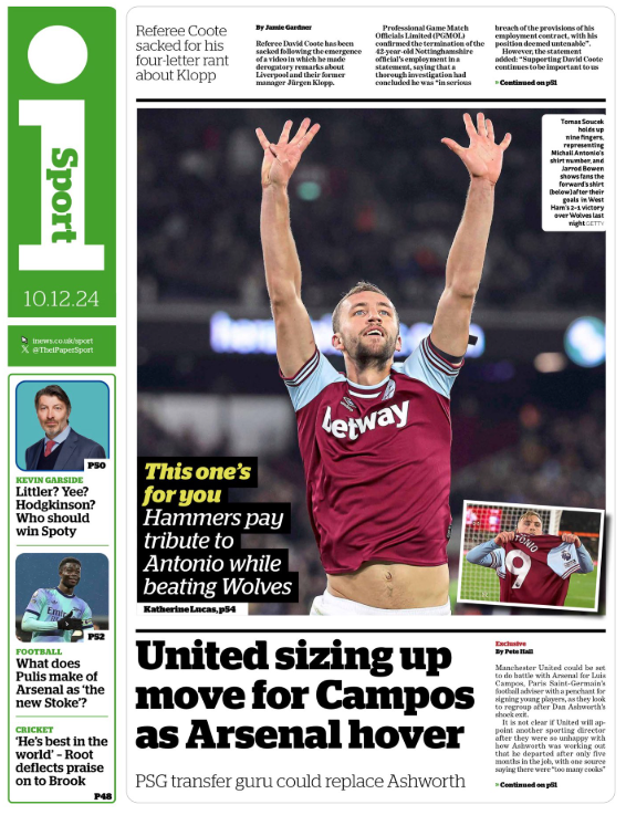 Lead sport page of the i on 10 December 2024