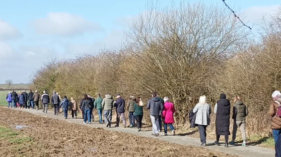 A large group of people waling in the countryside, showing a path, muddy area, trees and bushes and grass areas. All the people are wearing coats and have their back to the camera, as they are walking away from the camera. 