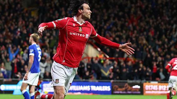 Wrexham striker Kieffer Moore celebrates
