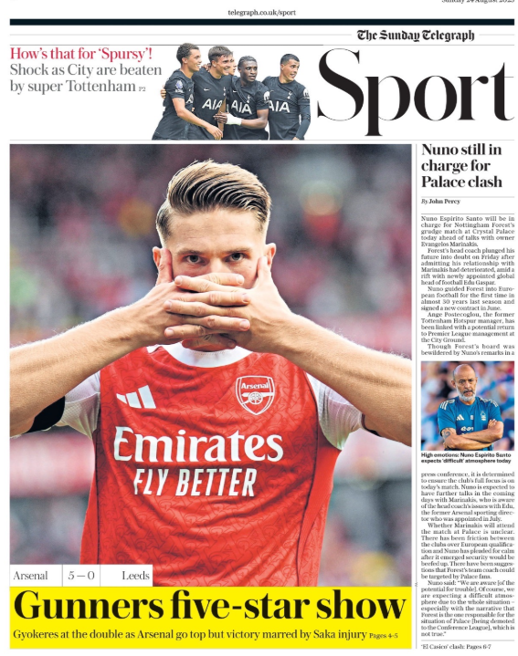 Telegraph back page: 'Gunners five-star show'