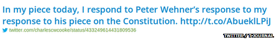 In my piece today, I respond to Peter Wehner's response in my response to his piece on the Constitution. LINK