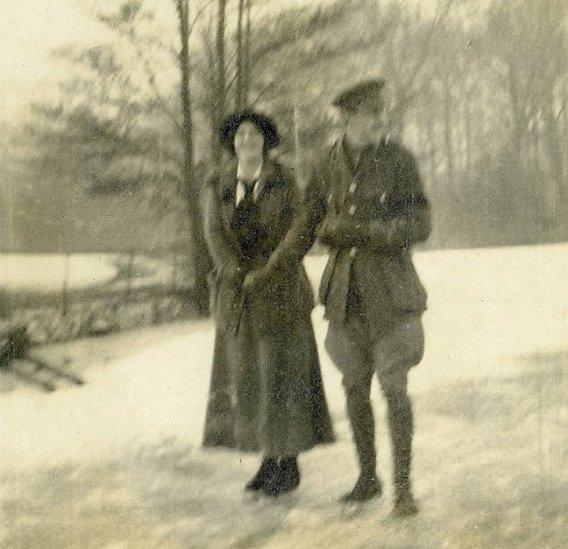 Lady Kathleen and Mr Hughes skating on Half Mile Pond at Longleat Feb 1917