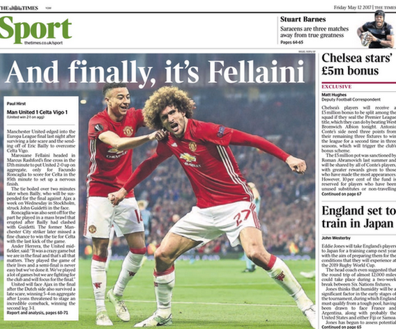 The picture on the back page of Friday's Times features Manchester United's Marouane Fellaini celebrating his Europa League semi-final goal against Celta Vigo