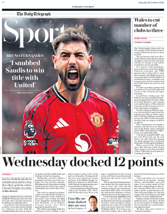Telegraph back page: 'Wednesday docked 12 points'