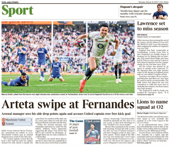 Back page of the Times on 10 March 2025