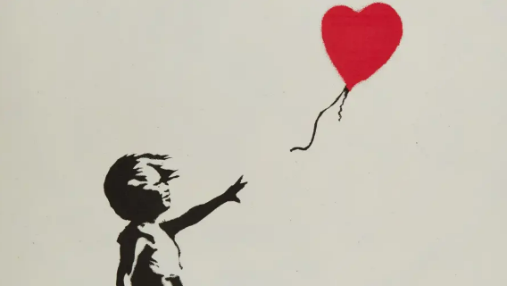 Banksy's Girl With Ballon print. A stencil of a girl letting go of a red heart-shaped baloon.