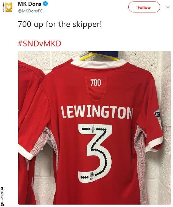 Dean Lewington wore a special MK Dons shirt to mark his 700th career appearance
