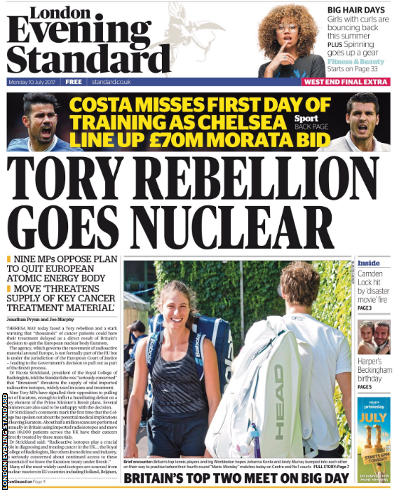 The London Evening Standard highlights Diego Costa missing Chelsea training