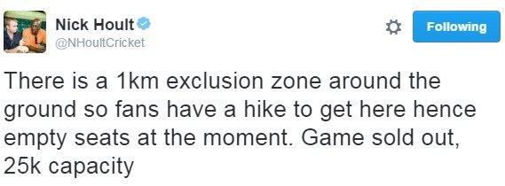 Daily Telegraph cricket writer Nick Hoult tweeted about the ground's security arrangements before the game began