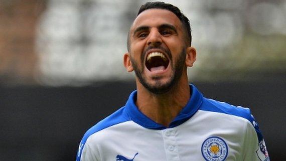 Riyad Mahrez celebrates after scoring Leicester's second goal