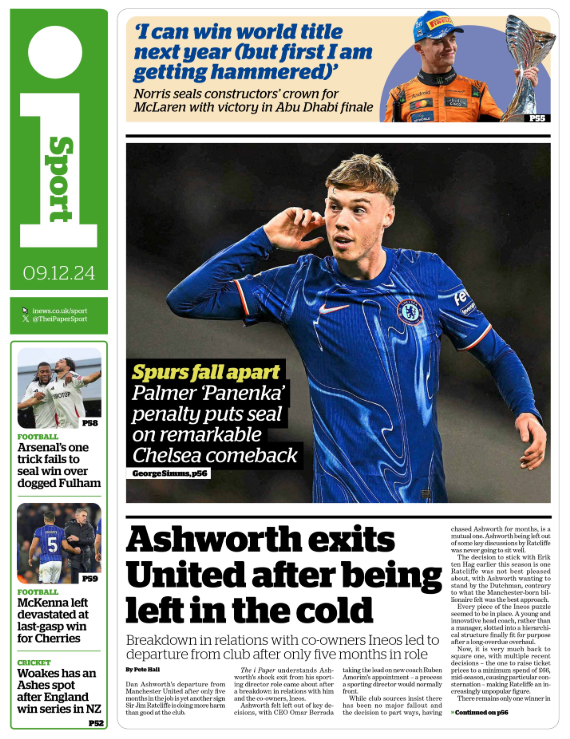 Lead sport page of the i on 9 December 2024