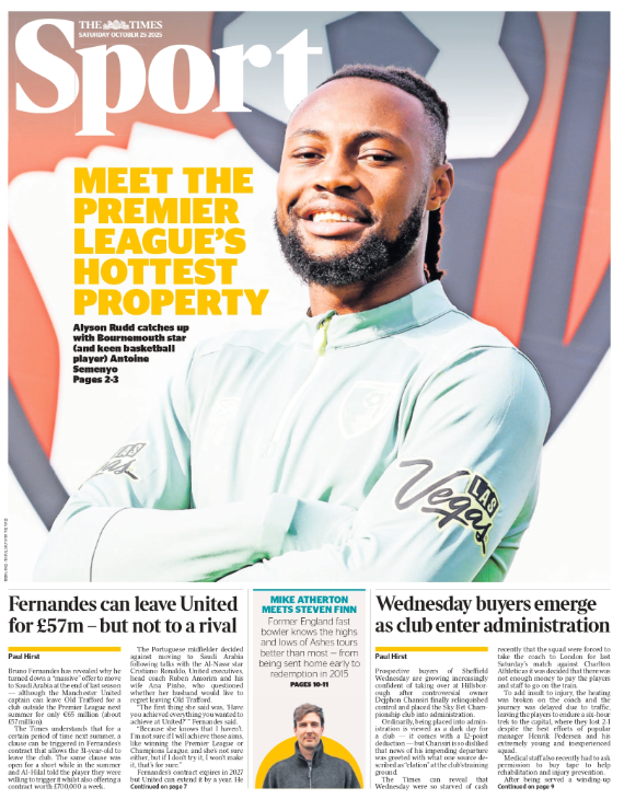 Times sport: 'Fernandes can leave for £57m - but not to a rival'