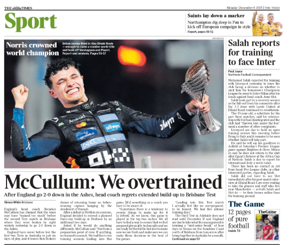 Times back page: 'Salah reports for training to face Inter'