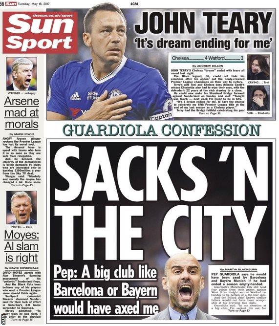 Tuesday's Sun leads on Pep Guardiola's frank admission that clubs such as Barcelona and Bayern Munich would have sacked him this season