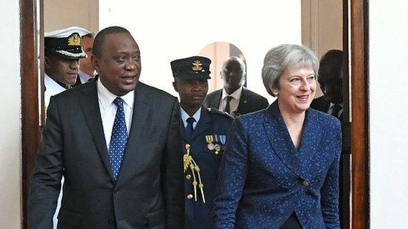 Prime Minister Theresa May with the President of Kenya Uhuru Kenyatta at the State House in Nairobi