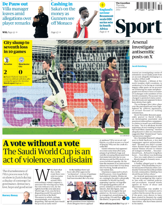 Thursday's Guardian sport page