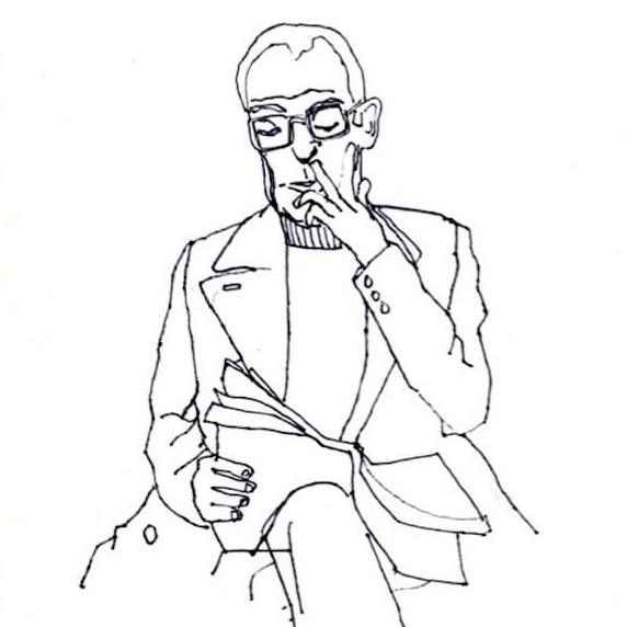 A minimalist line drawing of a person seated, wearing a structured blazer over a top. The figure is holding a newspaper in one hand while the other hand rests near the face.